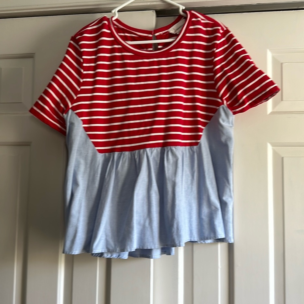 Anthropologie Red and Blue Striped Flowy Top